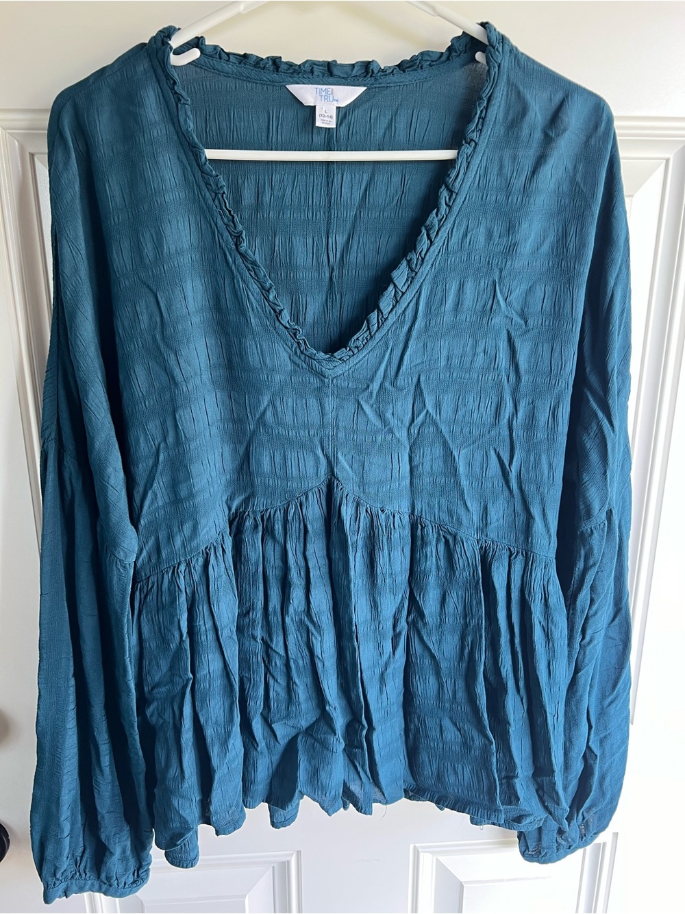 Teal boho long sleeve ruffled blouse